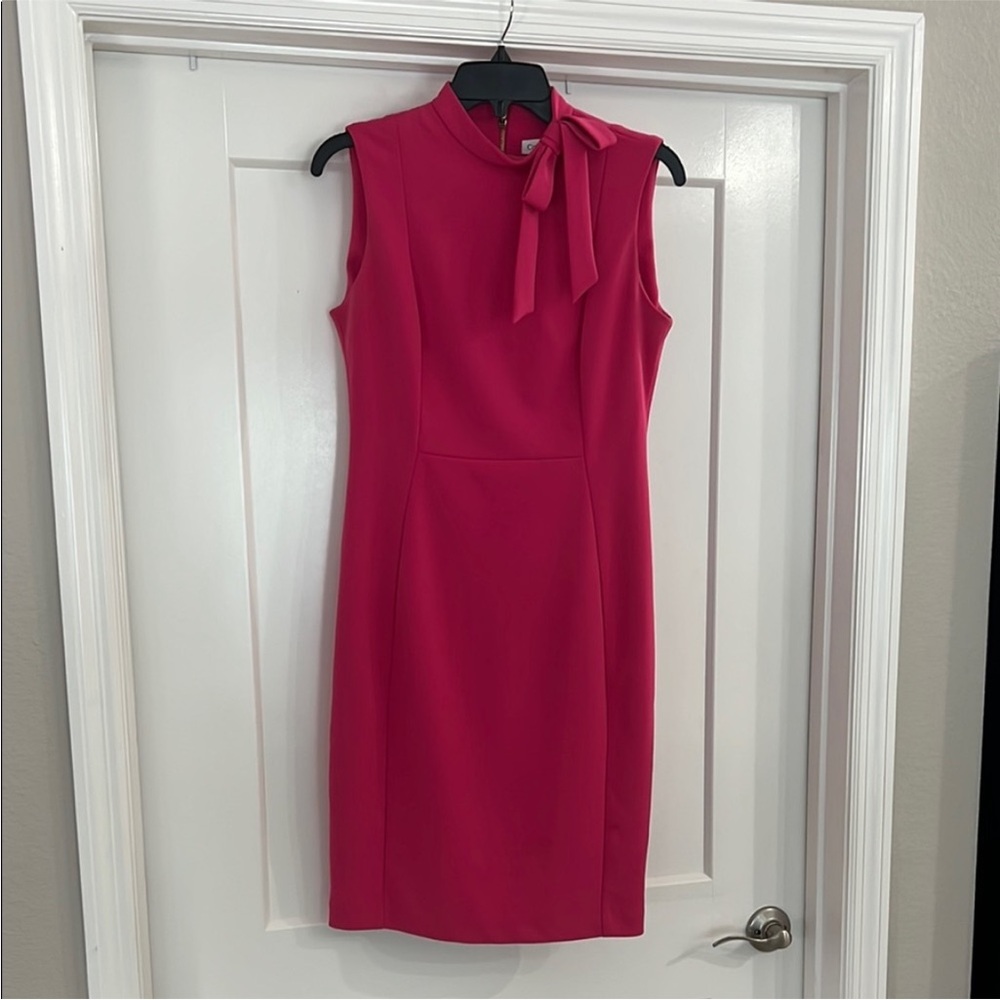 Calvin Klein Fuchsia Pink Sheath Midi Dress with Mock Neck with Bow